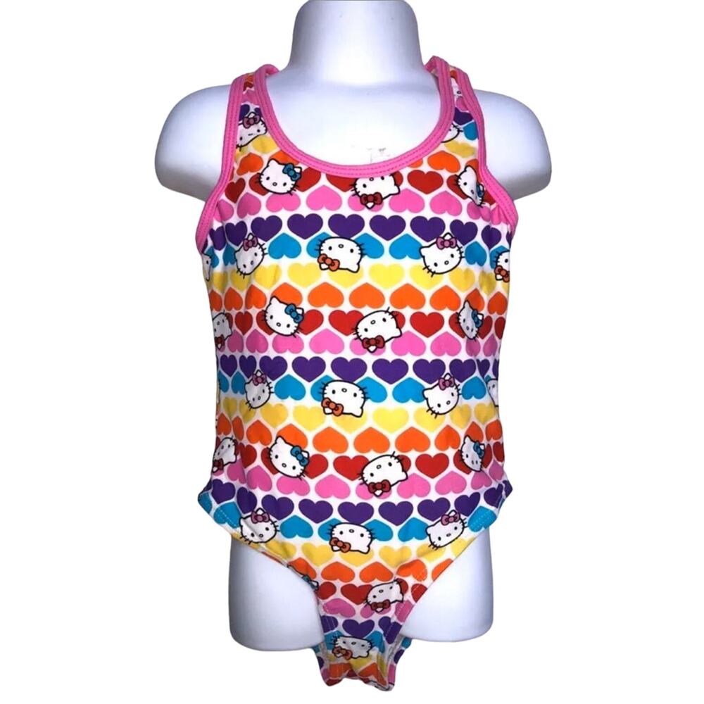 Girls 4 Hello Kitty Bright Rainbow Heart One Piece Racerback Swimsuit Swimwear